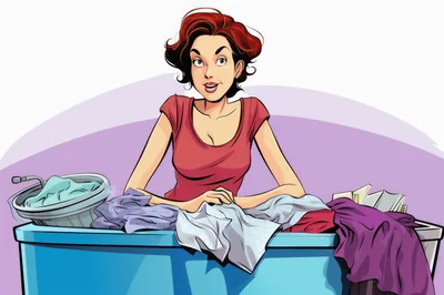 Cartoon Woman Doing Laundry In A Blue Basin