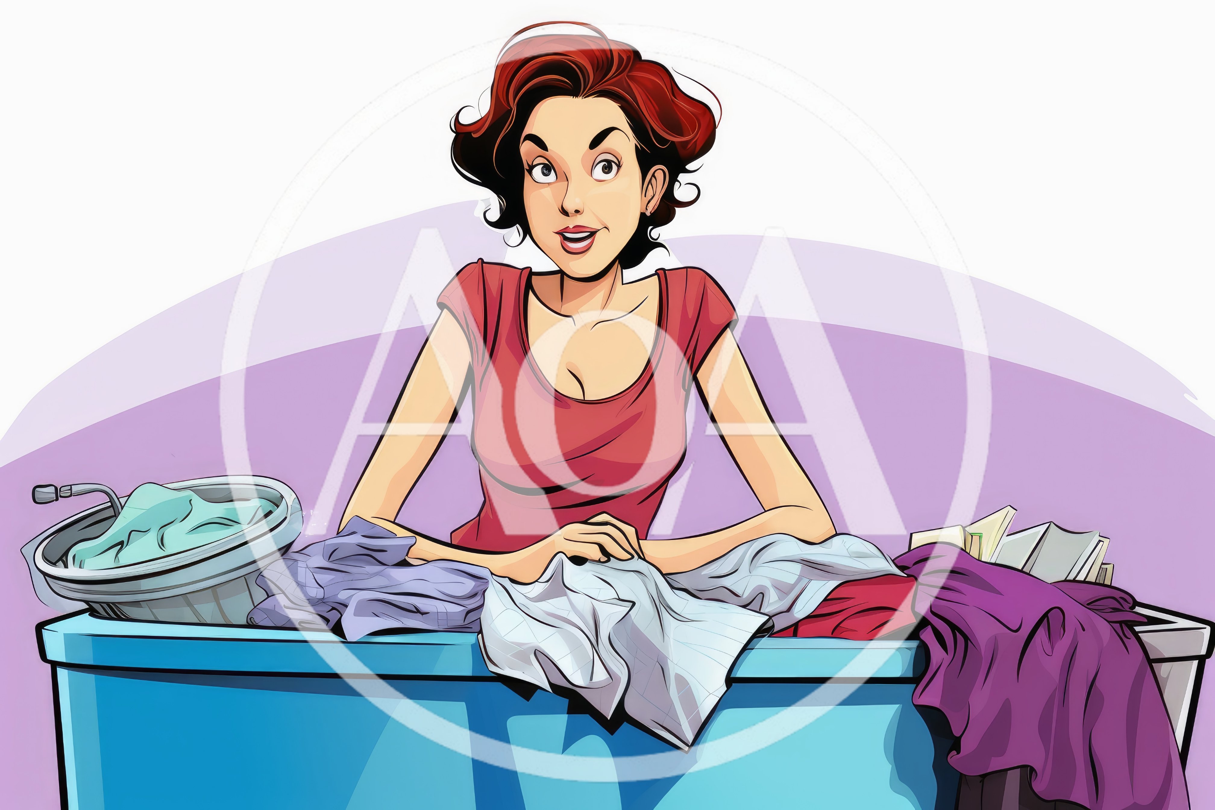 Cartoon Woman Doing Laundry In A Blue Basin