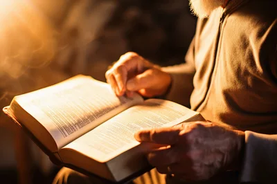 Elderly Man Reading An Open Book In Warm Light