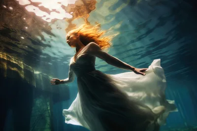 Woman In White Dress Floating Underwater