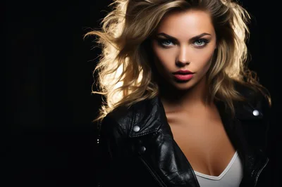 Portrait Of A Blonde Woman In A Leather Jacket