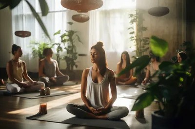 Group Of People Practicing Yoga In A Sunlit Studio