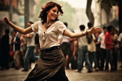 Happy Woman Dancing Joyfully In A Crowded City Street