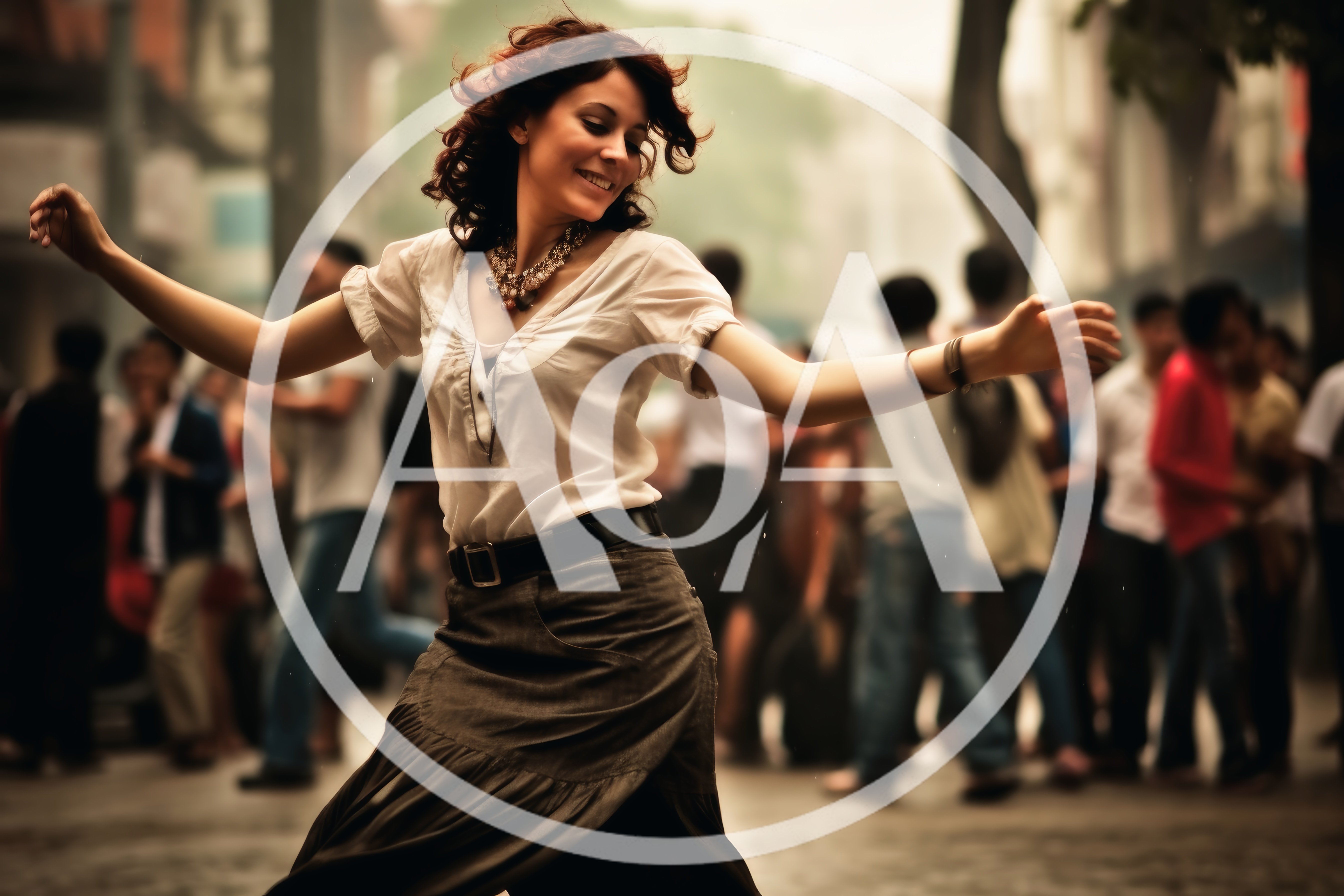 Happy Woman Dancing Joyfully In A Crowded City Street