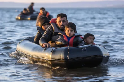 Refugee Family Traveling In An Inflatable Rubber Boat