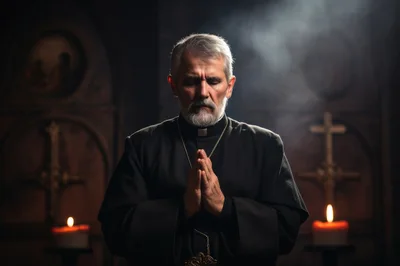 Elderly Priest Praying in a Dimly Lit Church