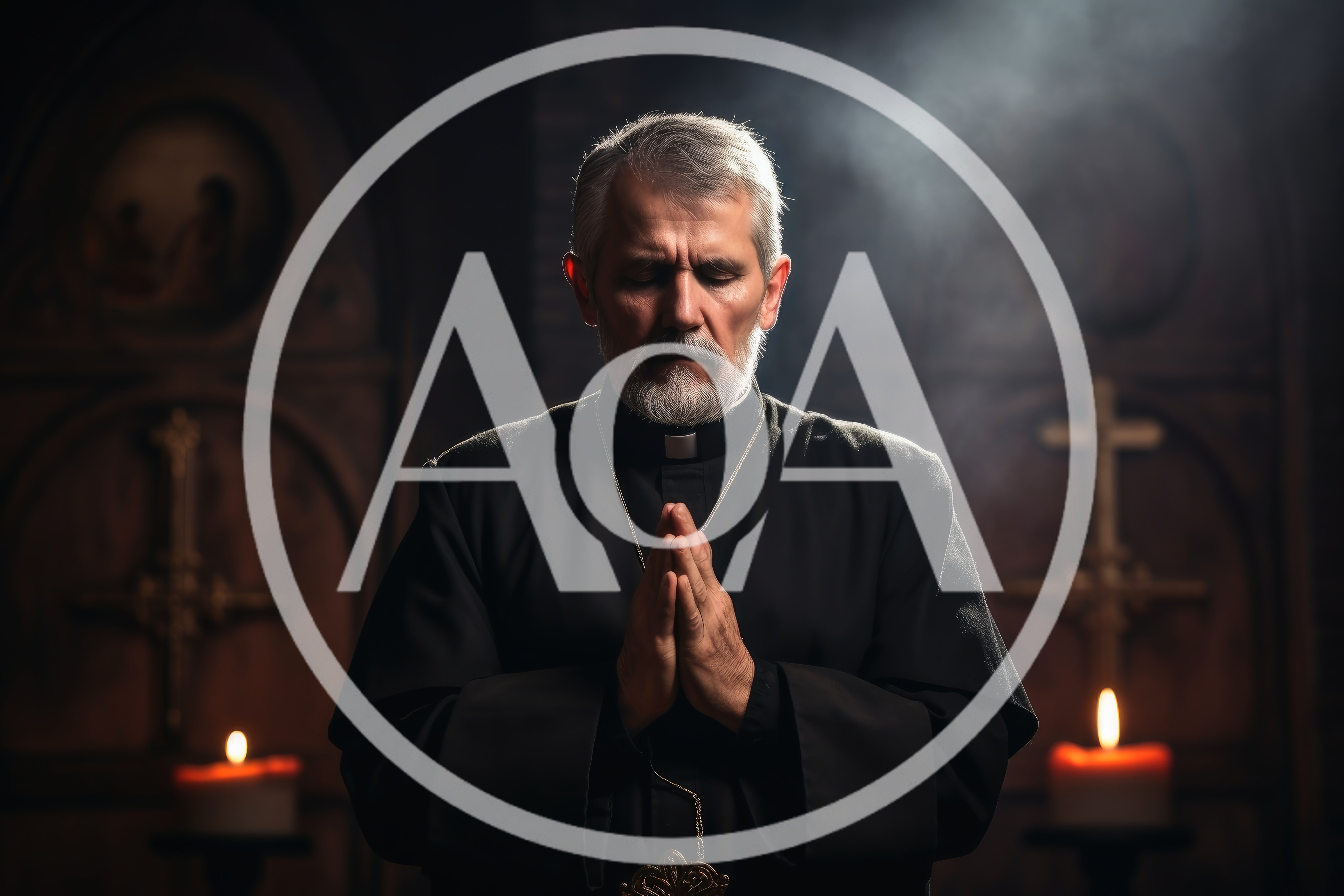 Elderly Priest Praying in a Dimly Lit Church