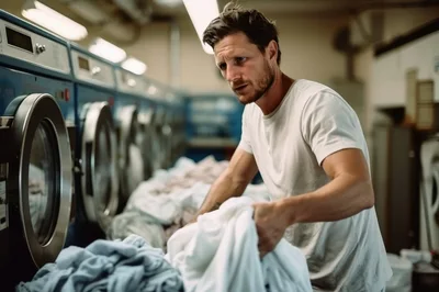 Man Sorting Laundry In A Commercial Laundromat