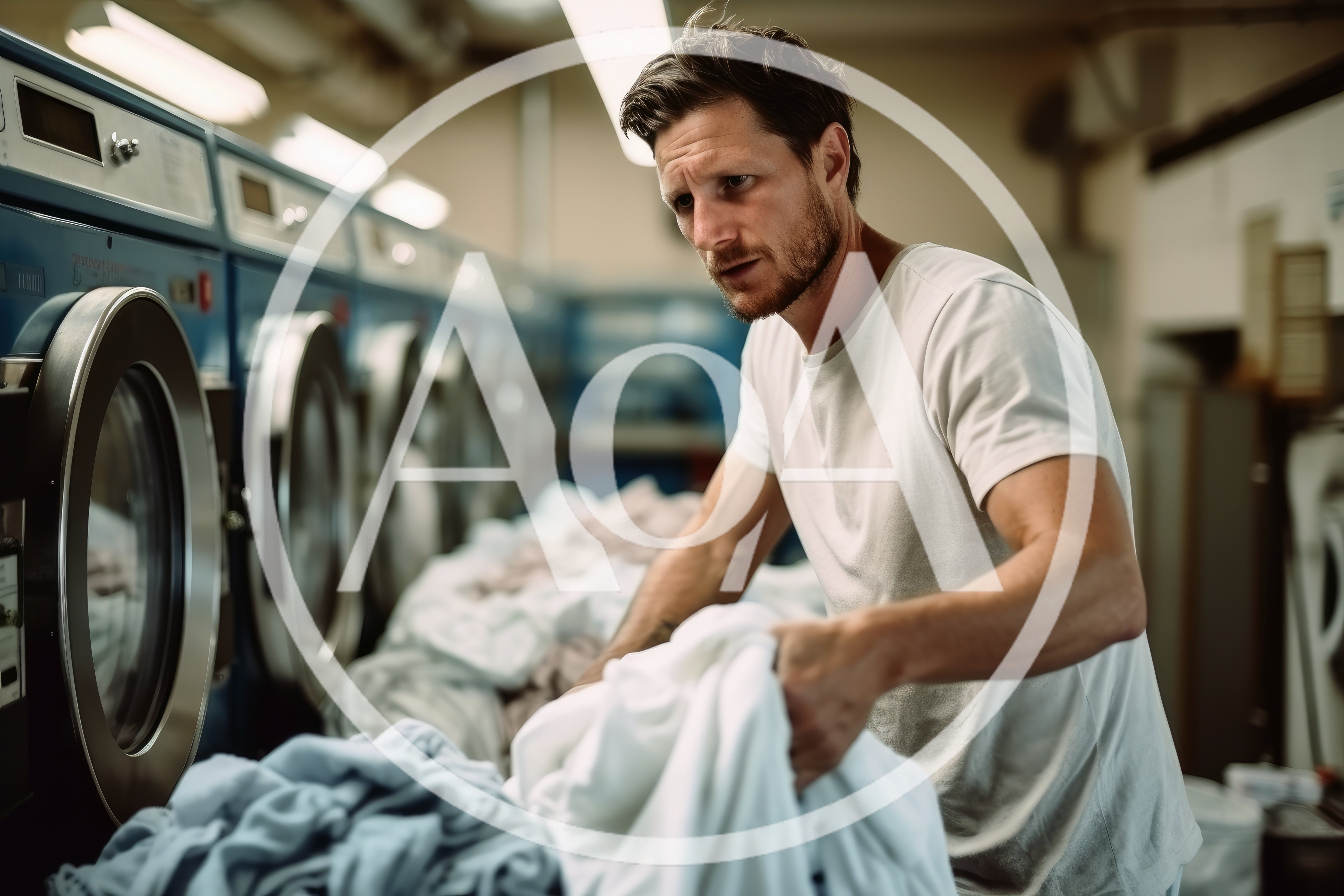 Man Sorting Laundry In A Commercial Laundromat