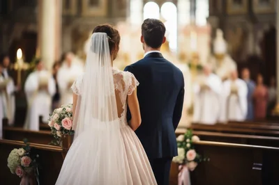 Bride and Groom Standing at Altar During Wedding Ceremony