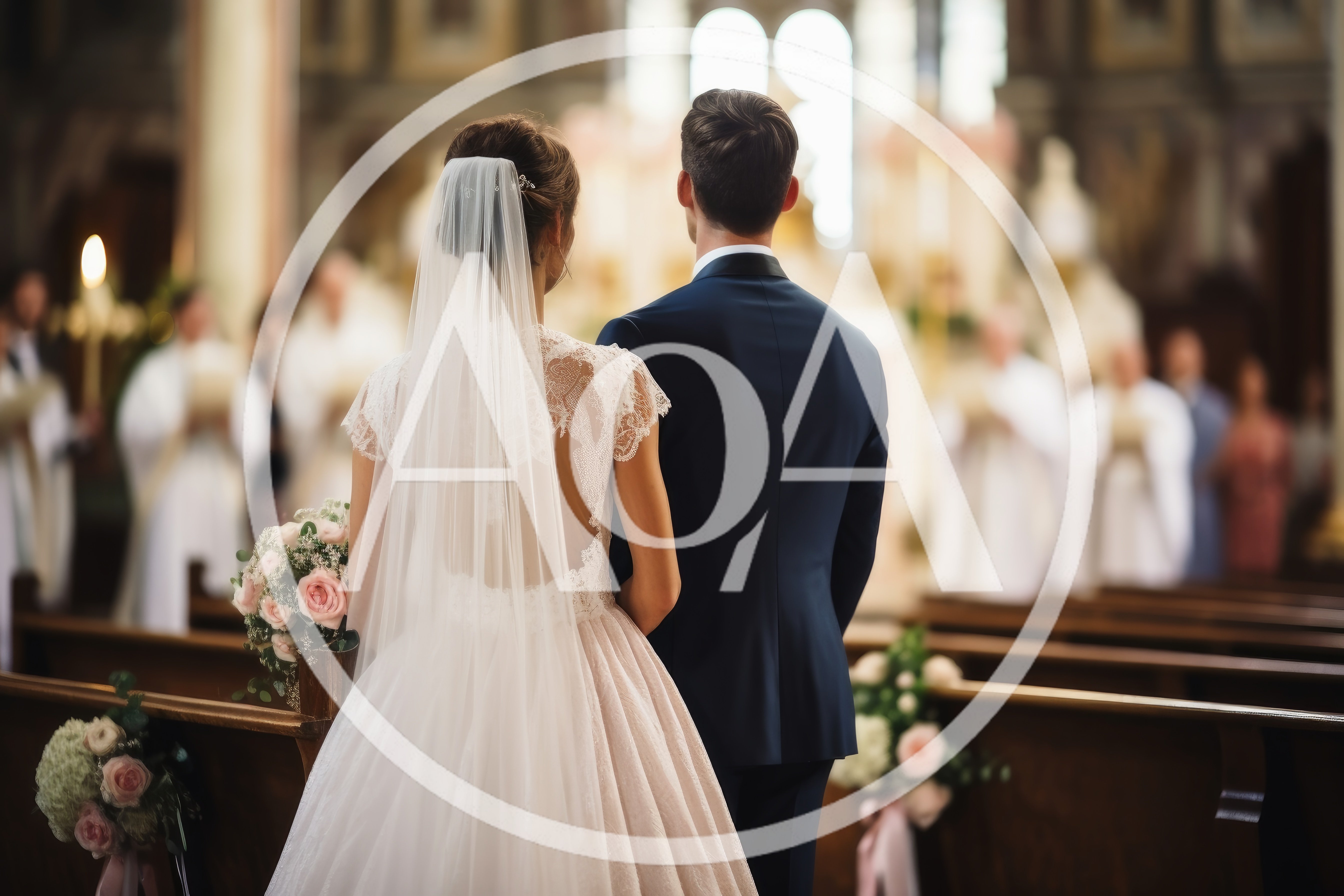 Bride and Groom Standing at Altar During Wedding Ceremony