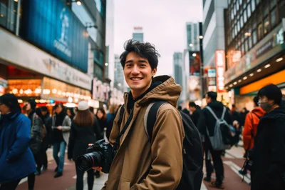 Young Asian Photographer Holding Camera In Busy City Street