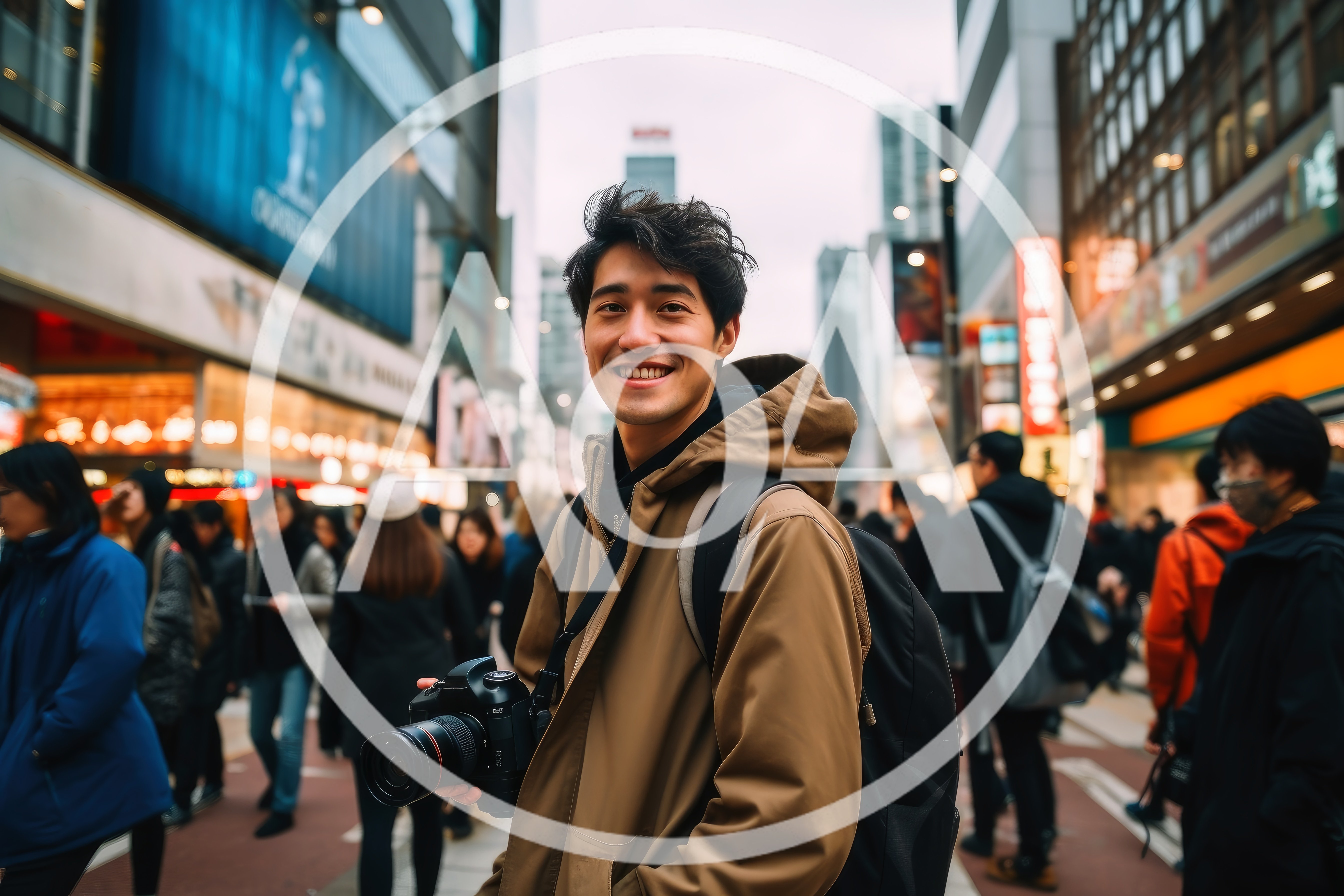 Young Asian Photographer Holding Camera In Busy City Street
