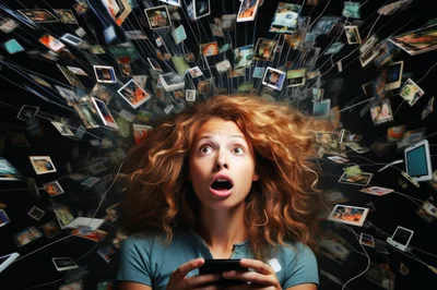 Surprised Woman Surrounded By Floating Digital Media Screens