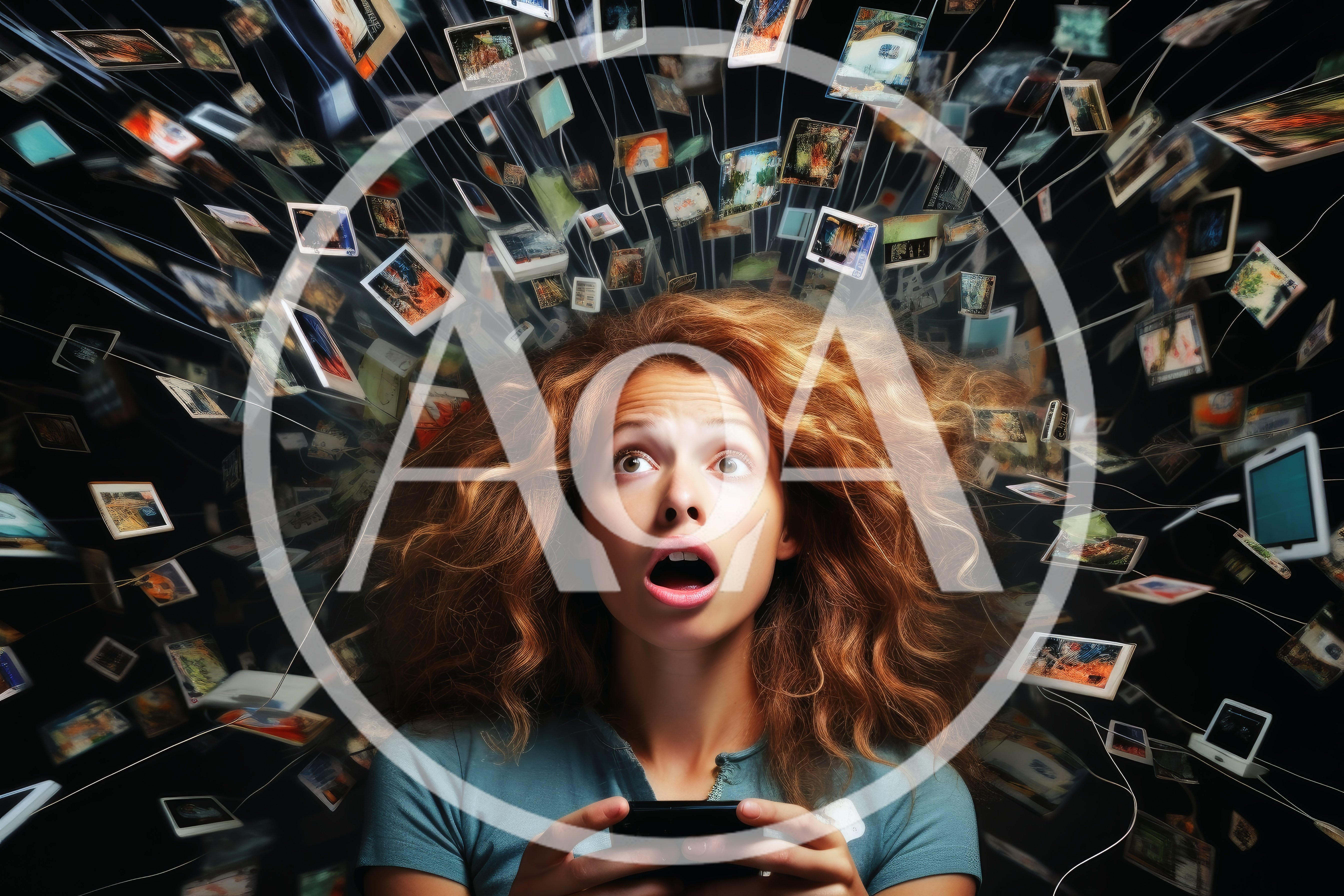 Surprised Woman Surrounded By Floating Digital Media Screens