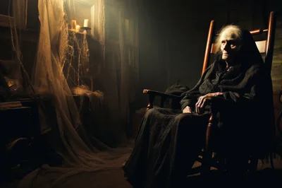 Elderly Woman Sitting In A Dark Haunted Rocking Chair