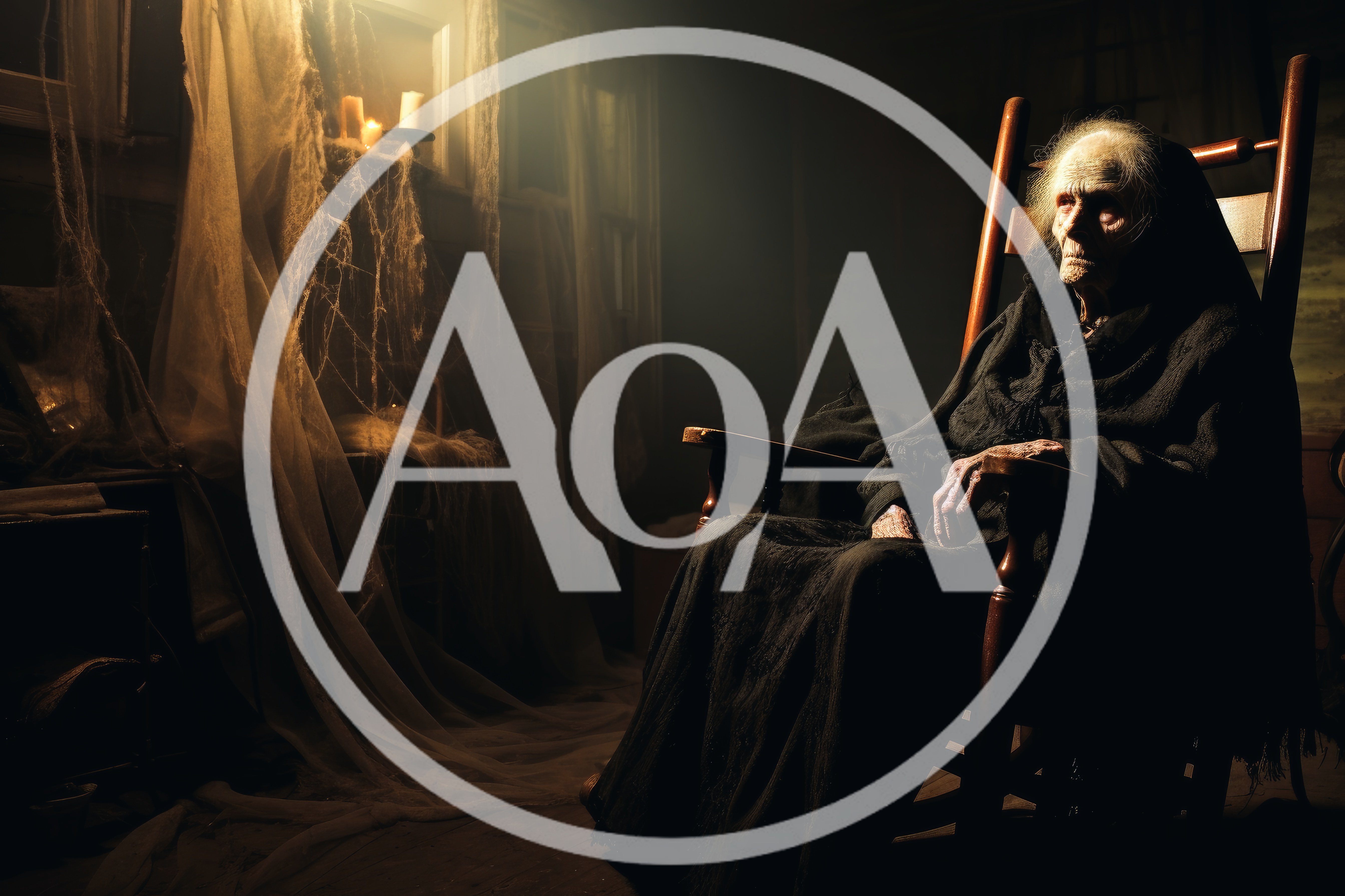 Elderly Woman Sitting In A Dark Haunted Rocking Chair