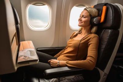 Woman Relaxing With Headphones On An Airplane
