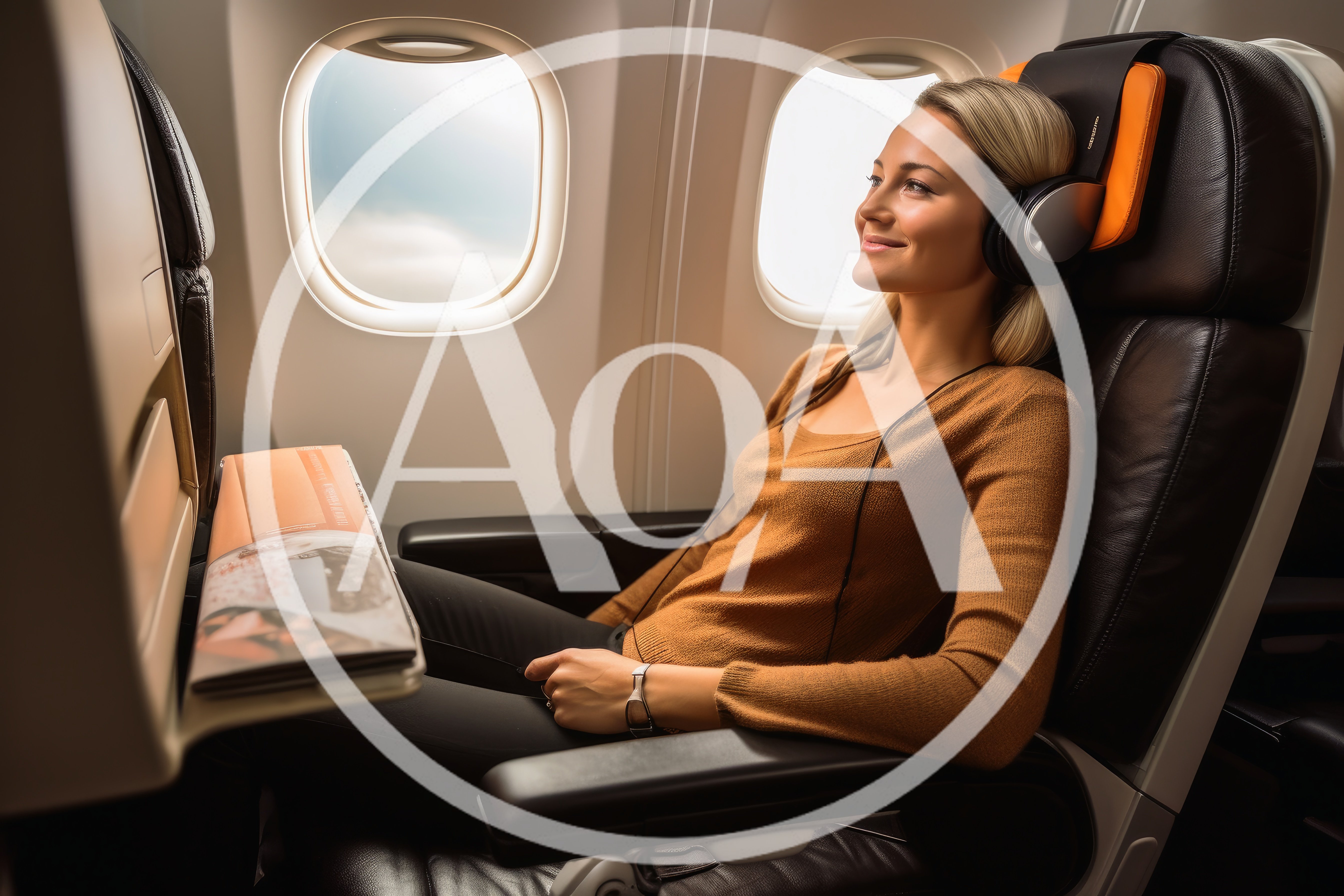 Woman Relaxing With Headphones On An Airplane