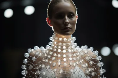 Futuristic Fashion Model Wearing Glowing LED Sphere Garment