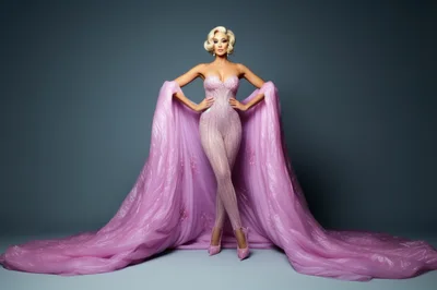 Glamorous Blonde Woman In Sparkling Pink Jumpsuit And Cape