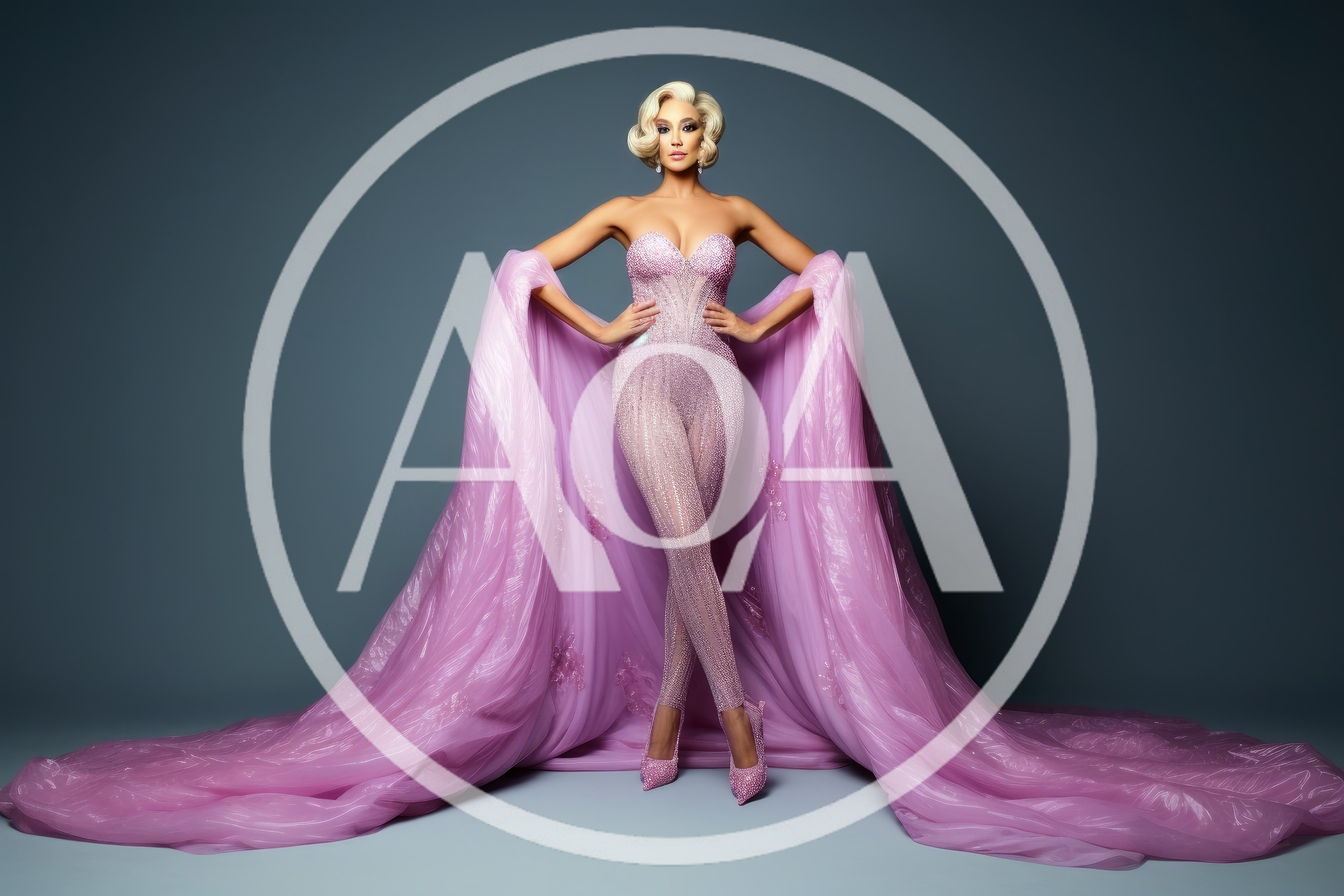 Glamorous Blonde Woman In Sparkling Pink Jumpsuit And Cape