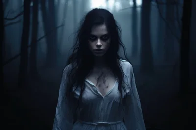 Eerie Ghostly Woman Standing In Dark Foggy Forest