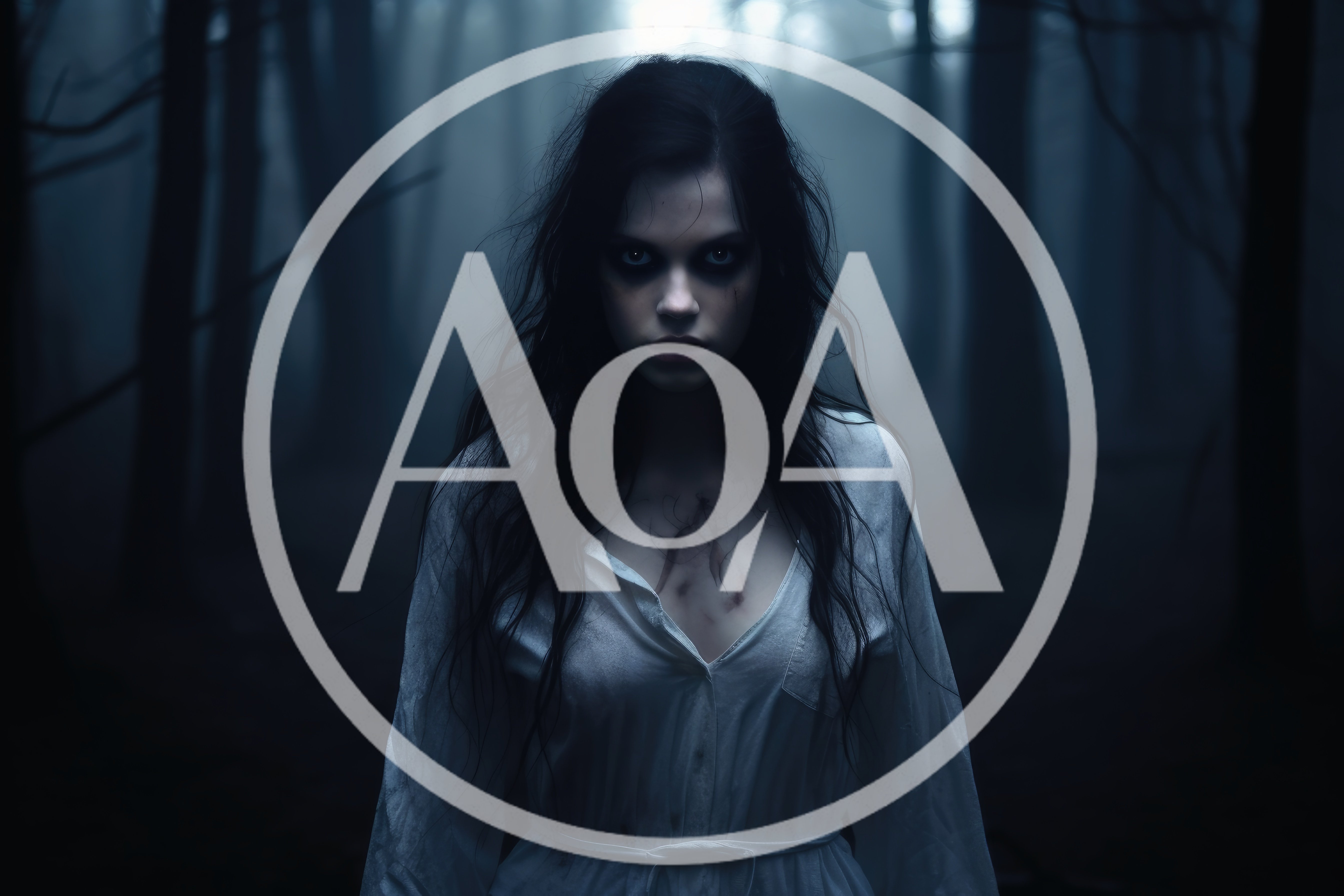 Eerie Ghostly Woman Standing In Dark Foggy Forest