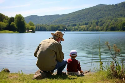 Grandfather and Grandson Fishing Together at a Lake