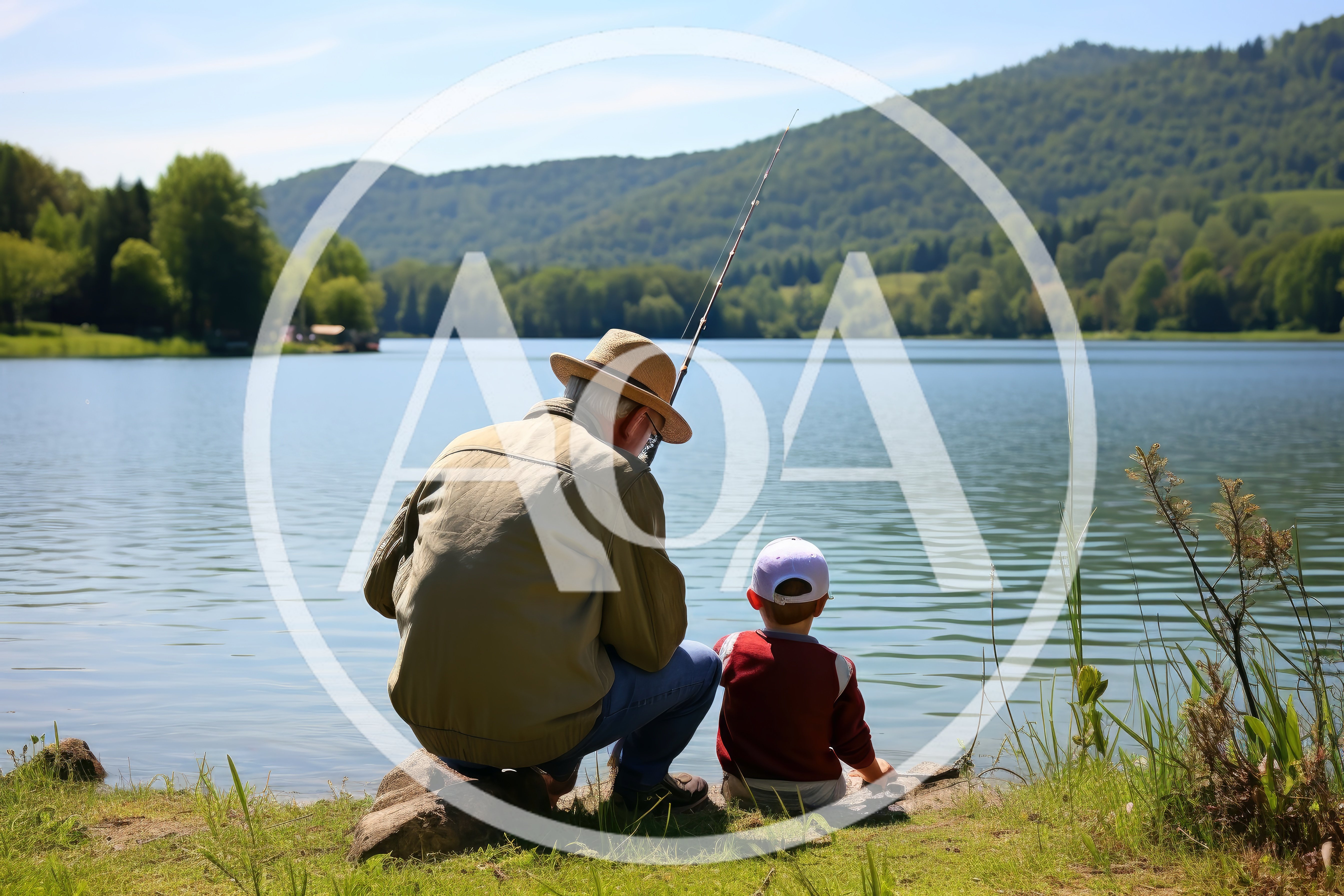 Grandfather and Grandson Fishing Together at a Lake