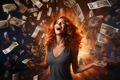 Excited Woman Celebrating Success Amidst Falling Money