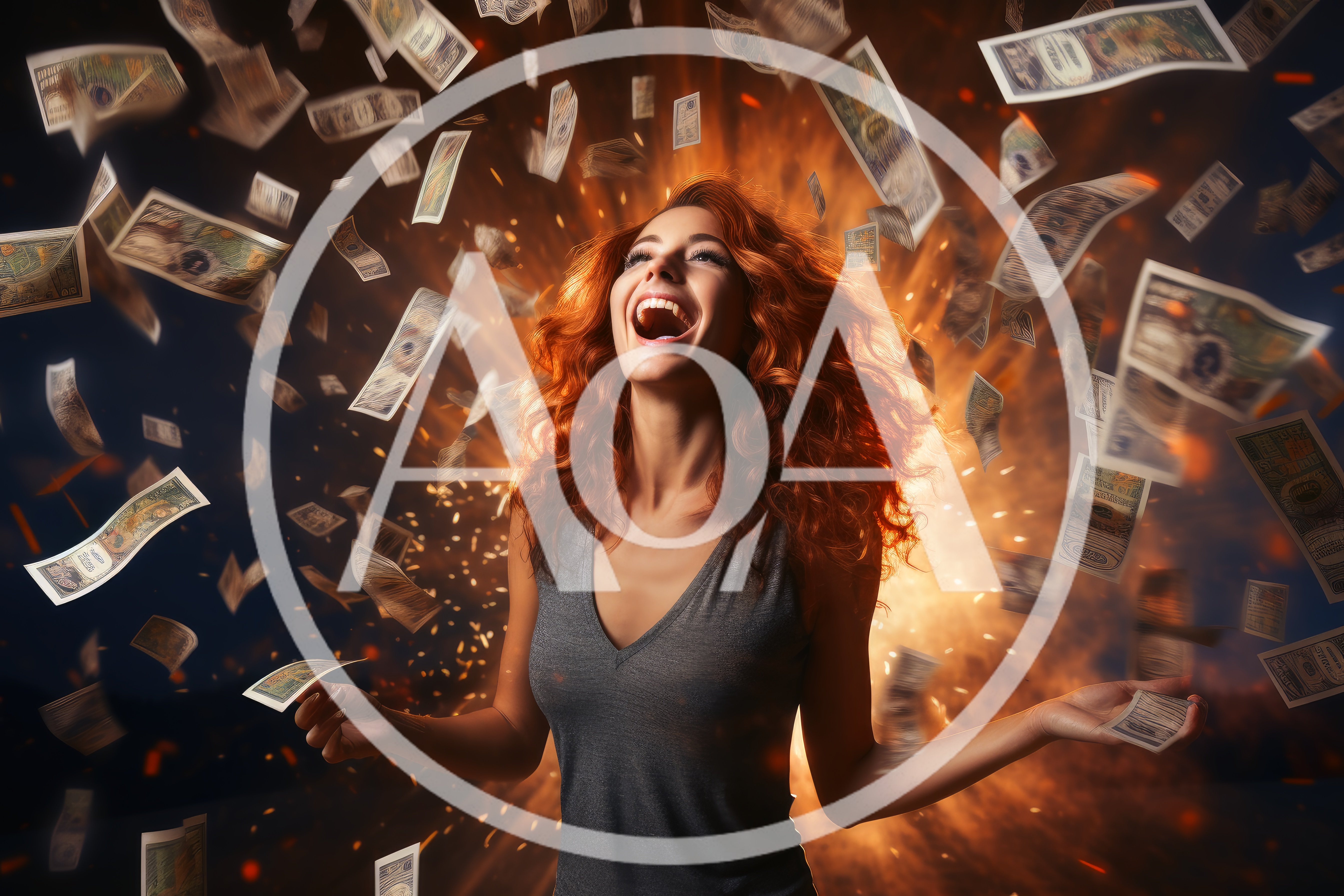 Excited Woman Celebrating Success Amidst Falling Money