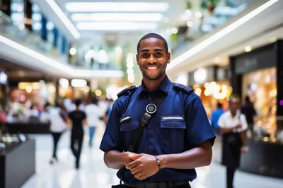 Smiling Security Guard Standing In A Busy Shopping Mall