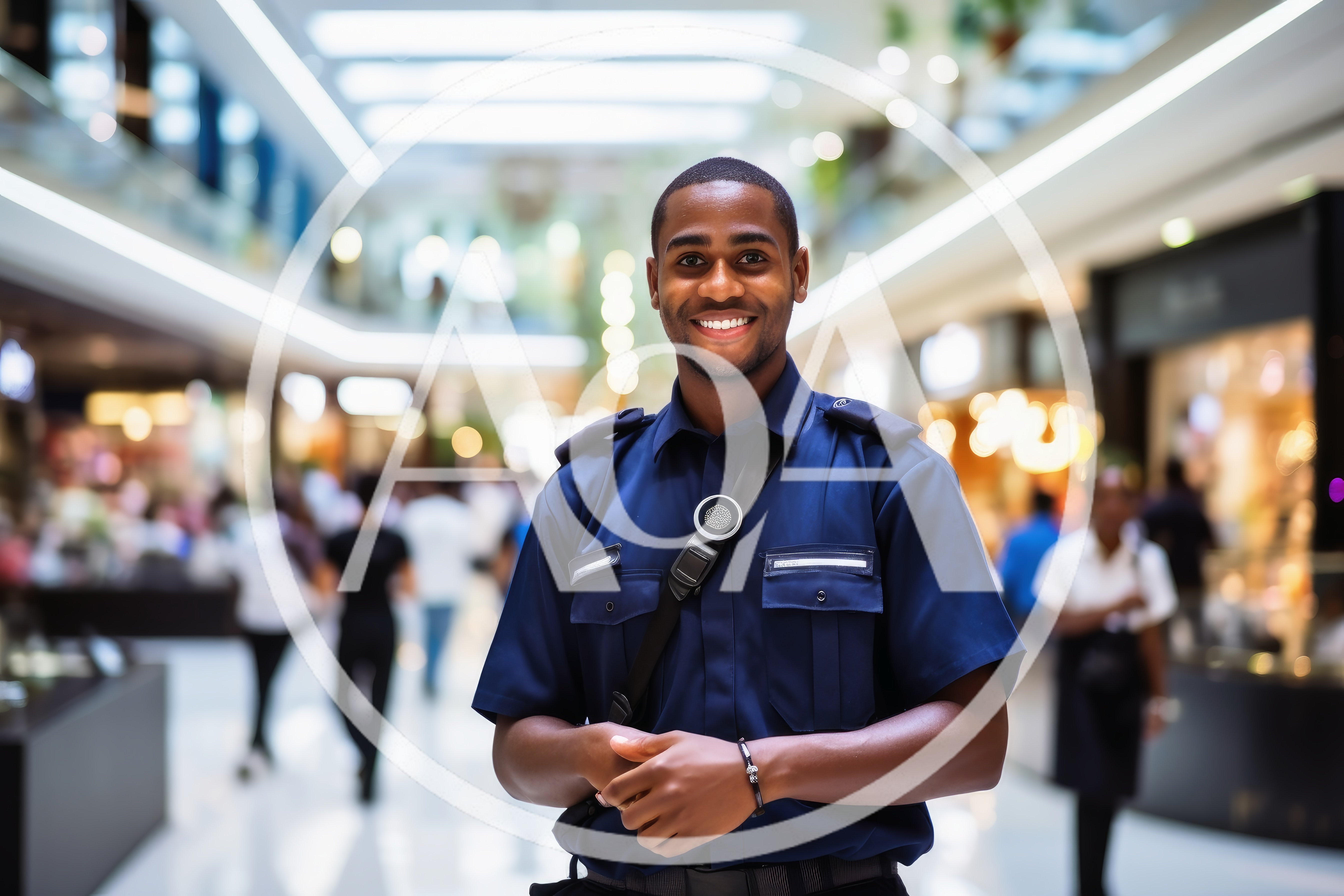 Smiling Security Guard Standing In A Busy Shopping Mall