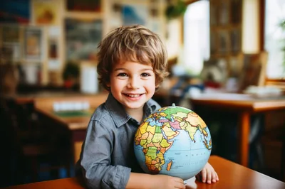 Young Boy Smiling While Holding A Globe In Classroom