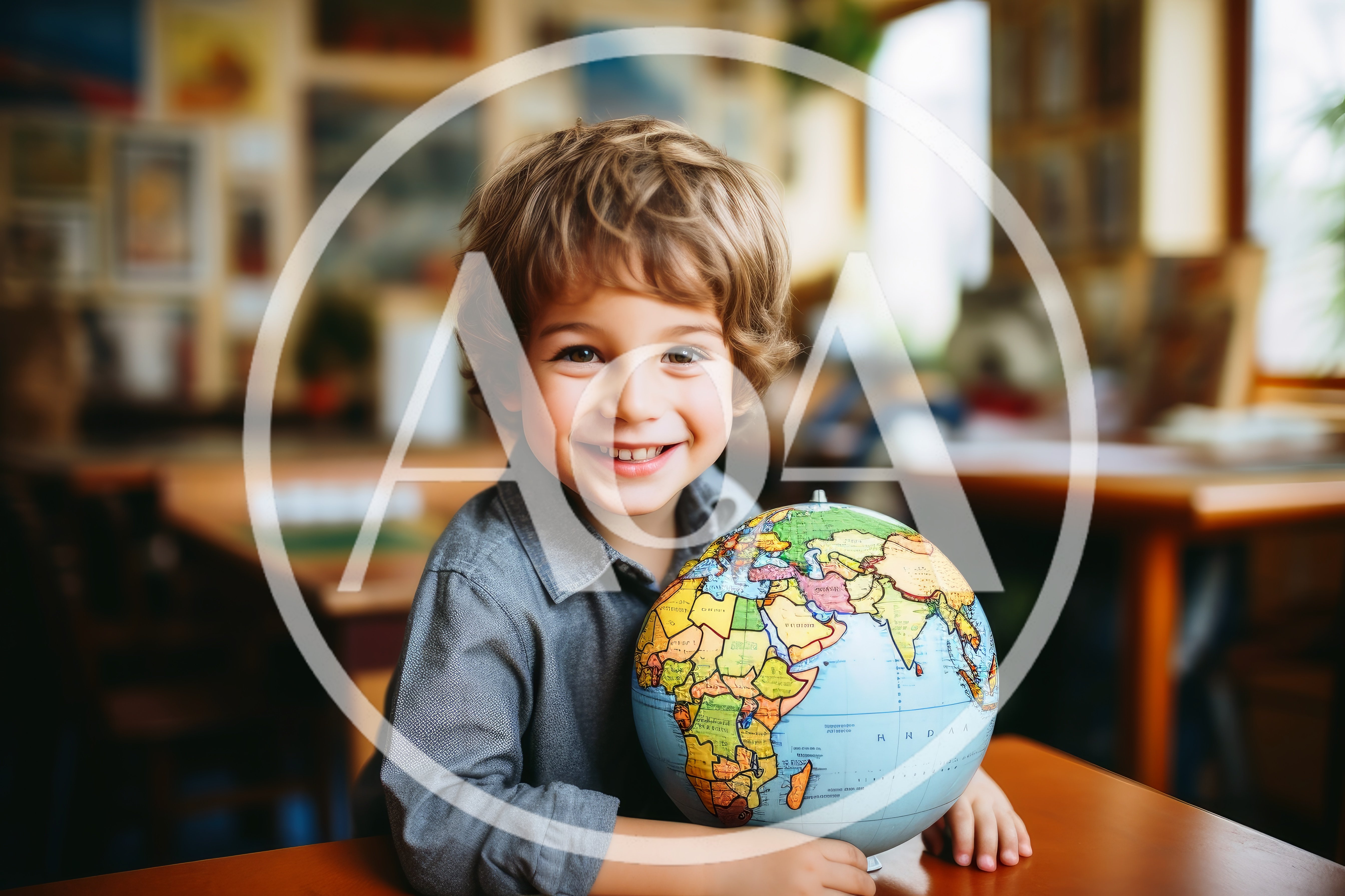 Young Boy Smiling While Holding A Globe In Classroom
