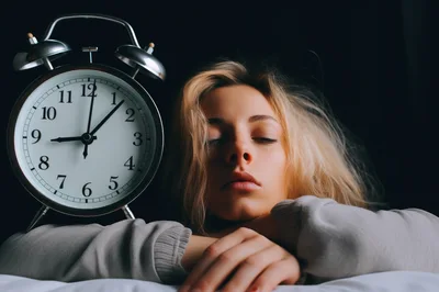 Young Woman Sleeping Beside A Large Alarm Clock