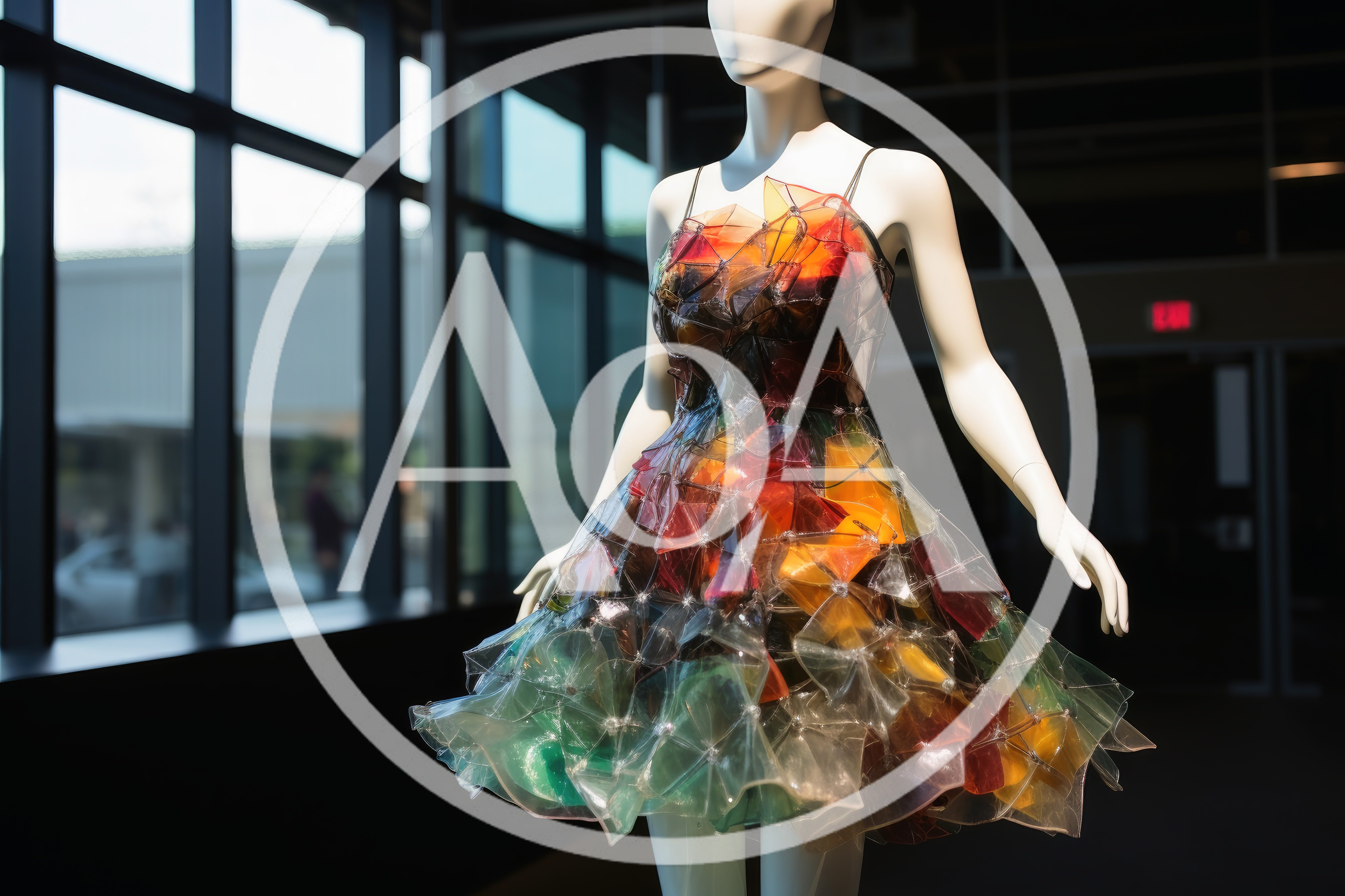 Mannequin Wearing A Colorful Translucent Plastic Dress