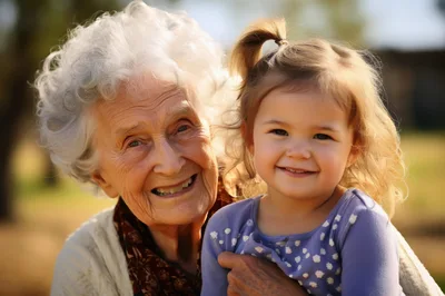Elderly Grandmother Embracing Her Young Granddaughter Outdoors