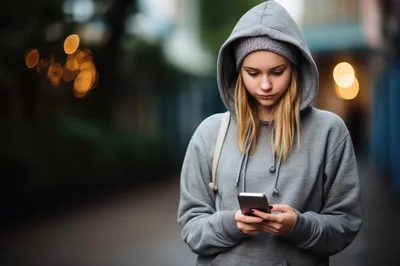 Young Woman Using Smartphone Outdoors in Grey Hoodie