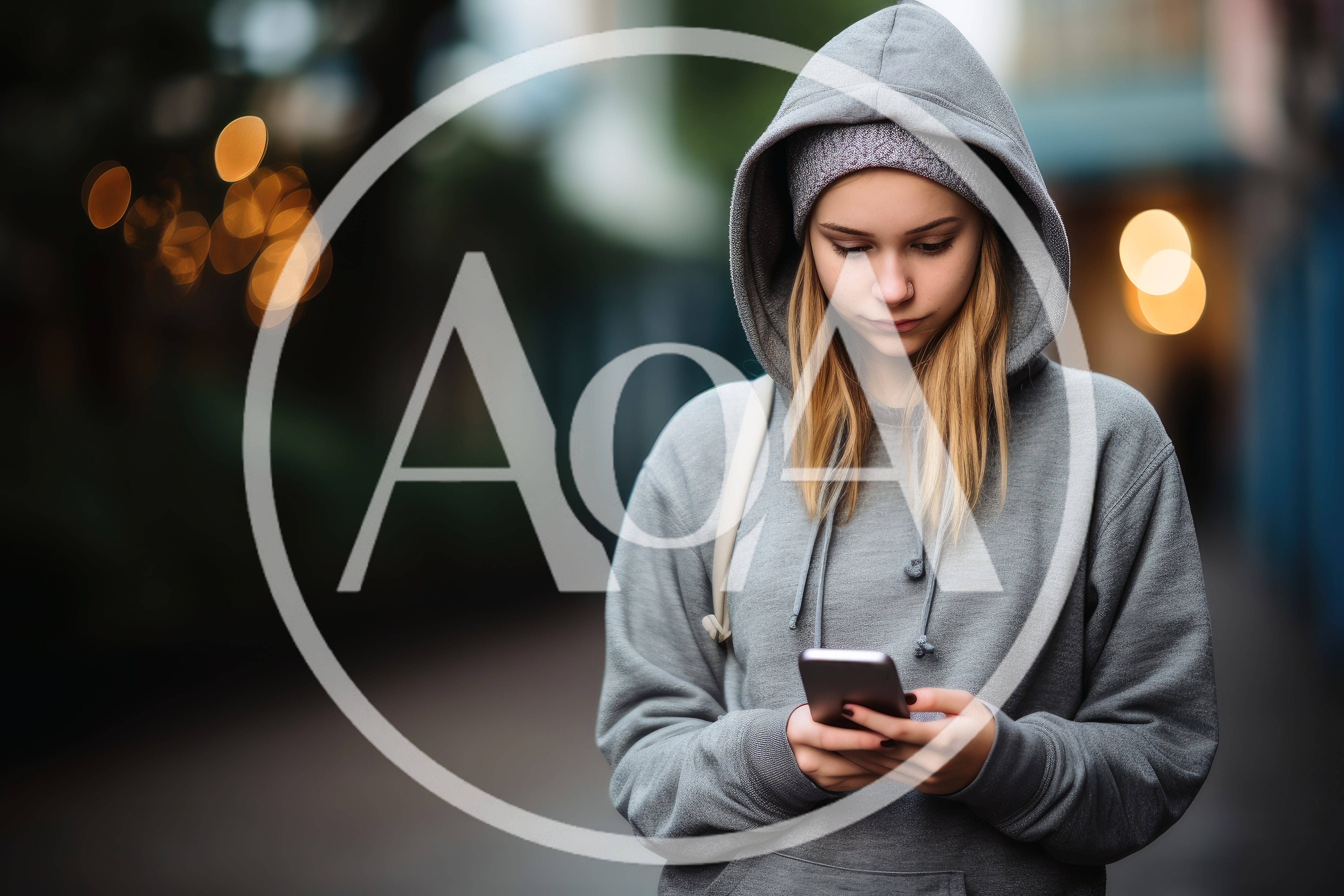 Young Woman Using Smartphone Outdoors in Grey Hoodie