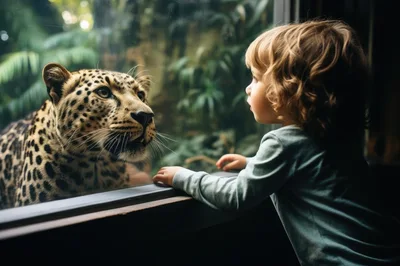 Toddler Observing A Leopard Through Zoo Glass