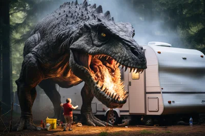 Giant Dinosaur Roaring At Camper In Forest