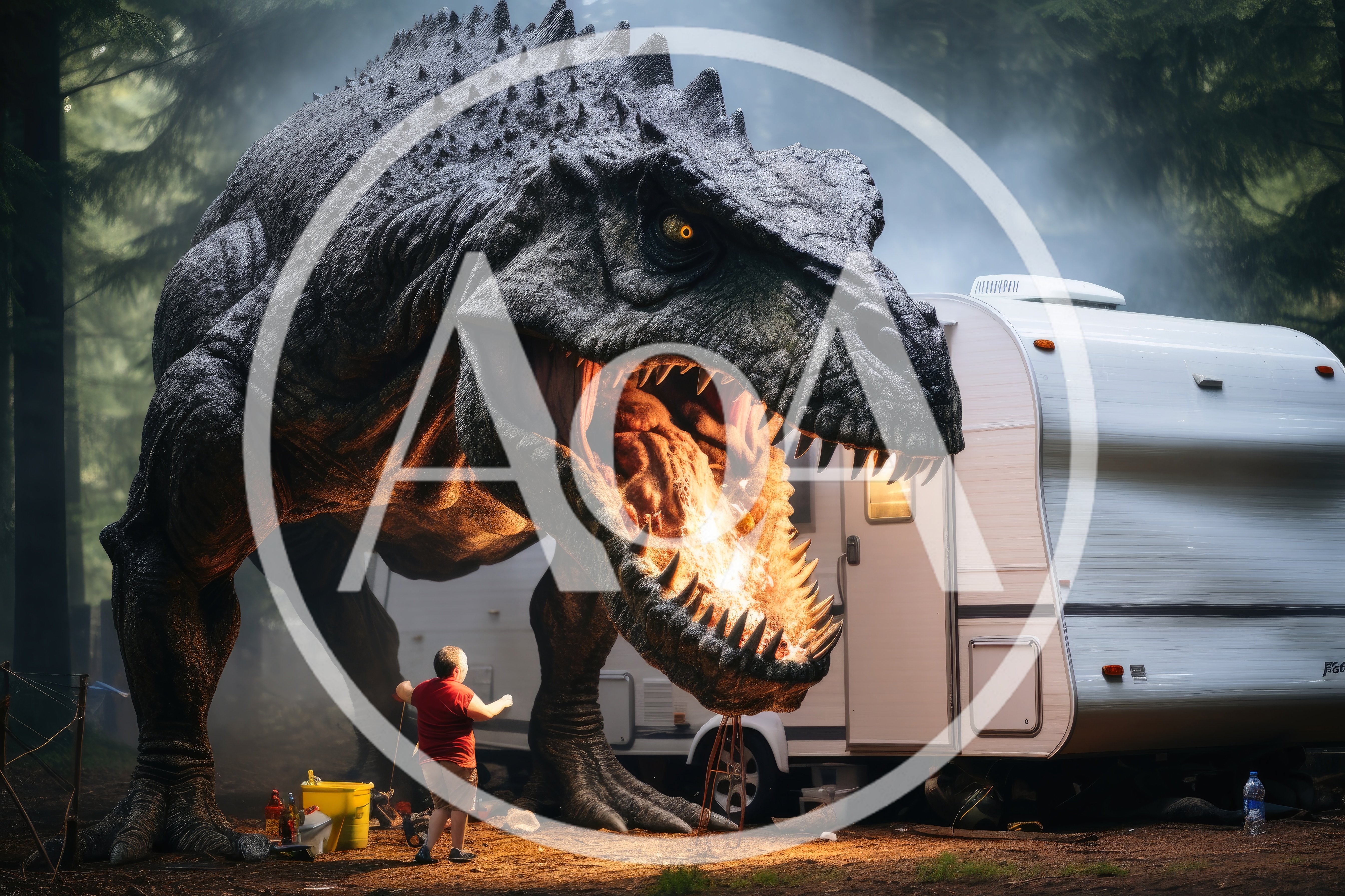 Giant Dinosaur Roaring At Camper In Forest