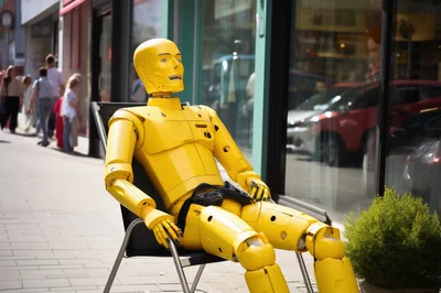 Yellow Crash Test Dummy Sitting On A Folding Chair