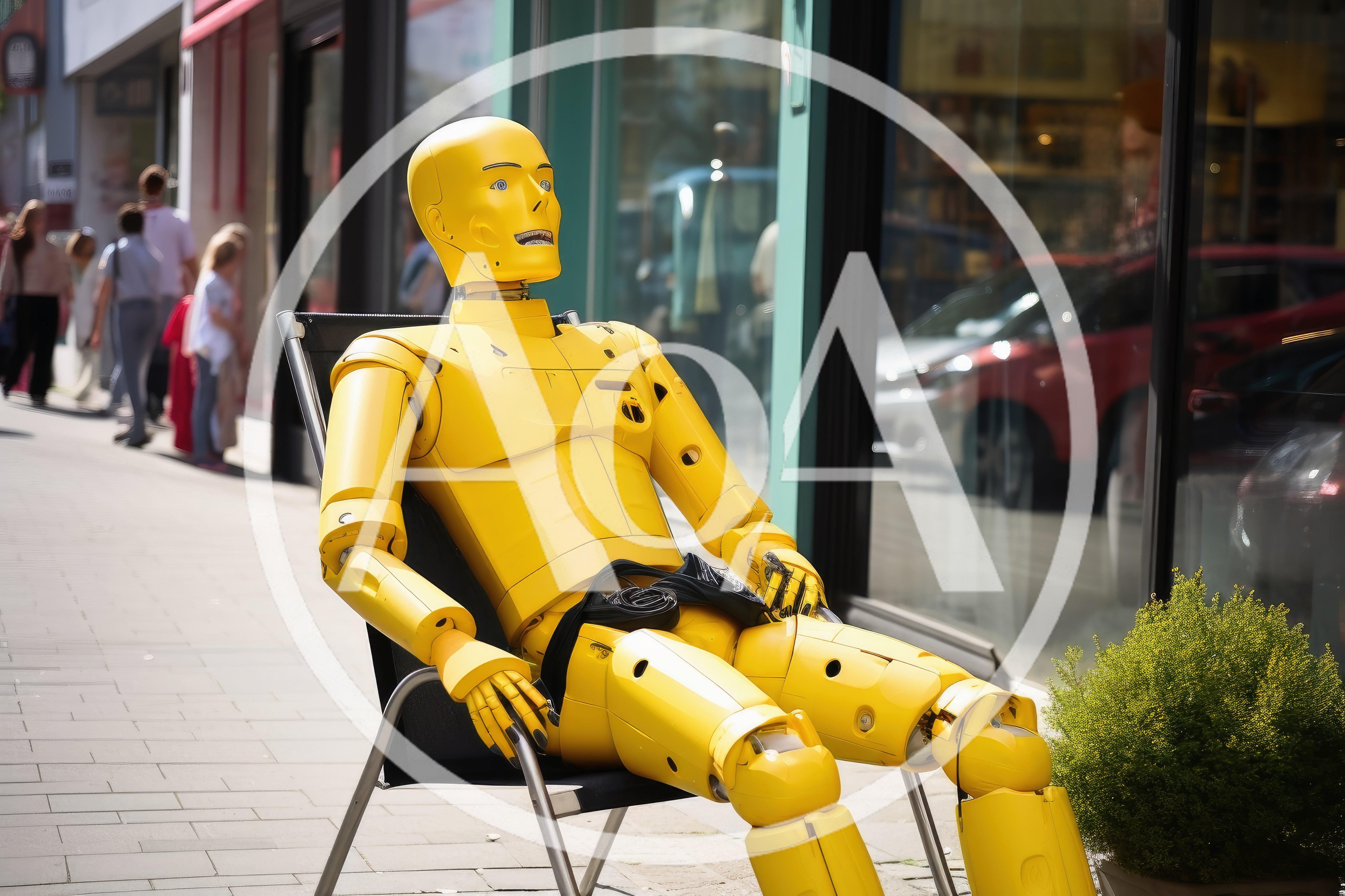 Yellow Crash Test Dummy Sitting On A Folding Chair