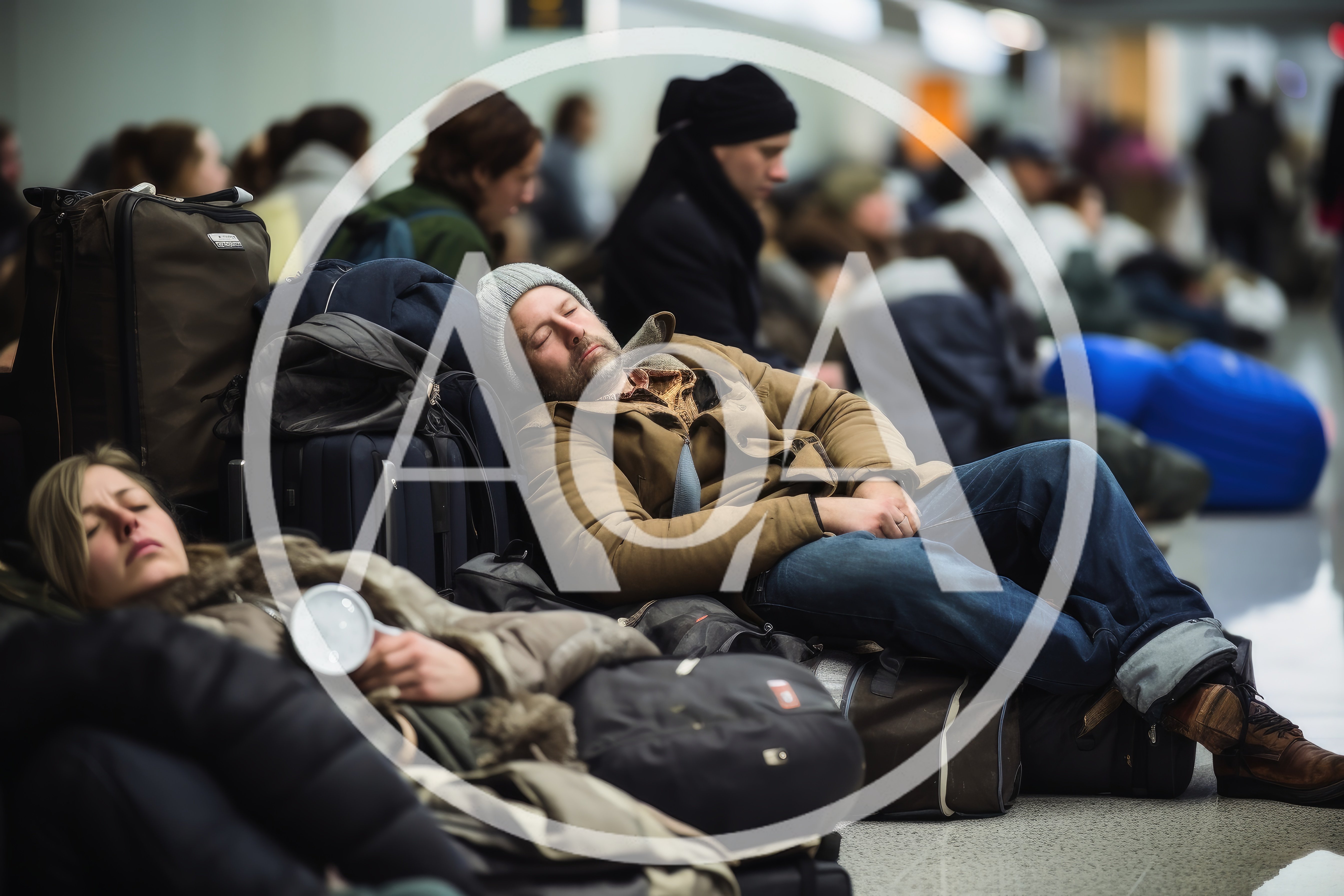 Exhausted Travelers Sleeping on Airport Terminal Floor