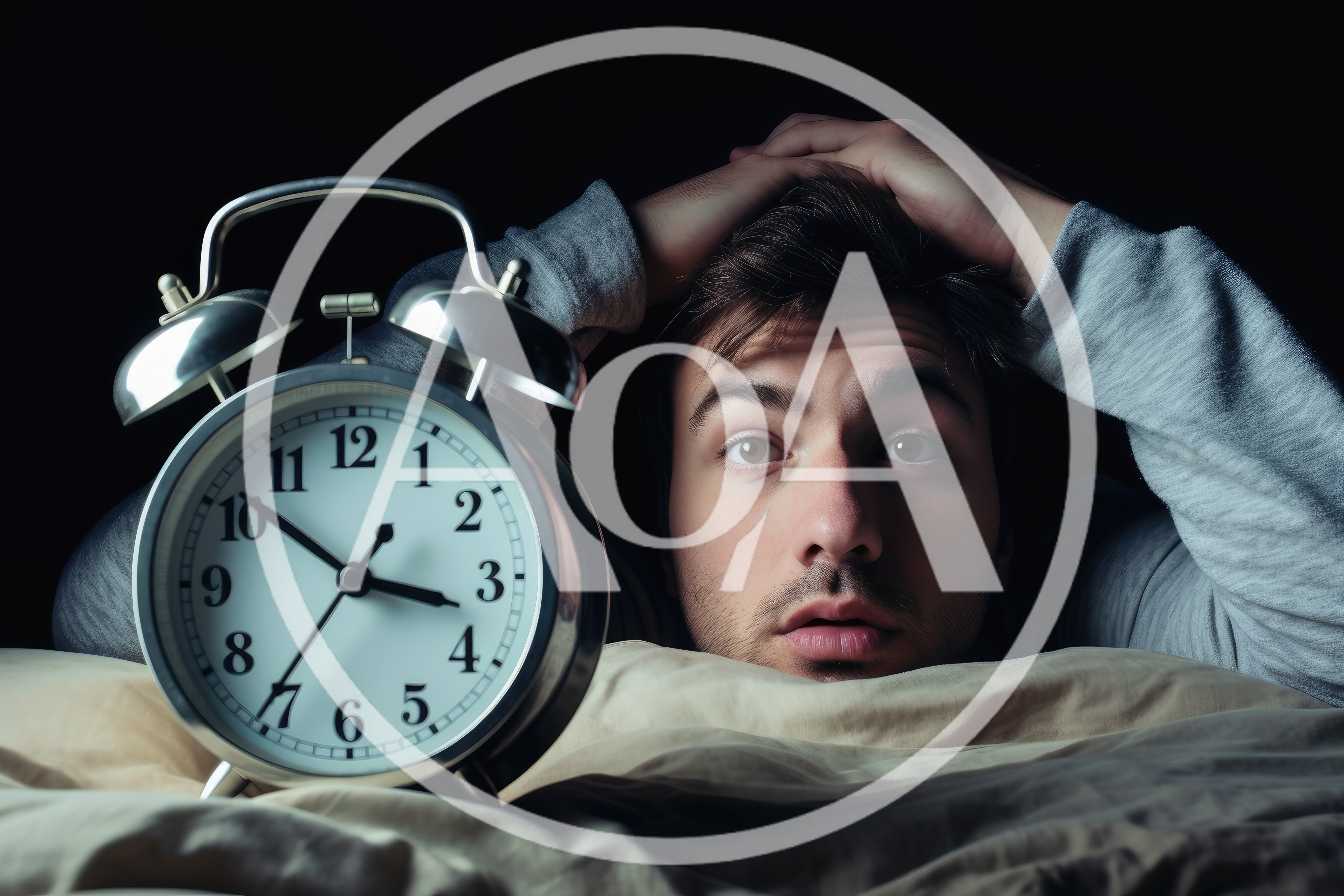 Stressed Man Awake In Bed With Alarm Clock
