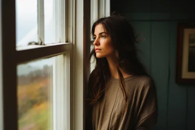 Pensive Young Woman Looking Out A Window