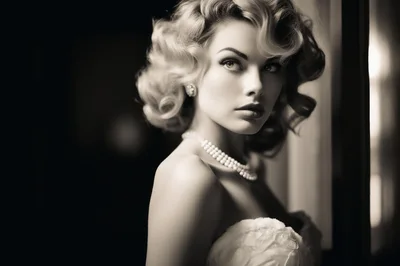 Glamorous Woman With Vintage Hairstyle And Pearl Necklace